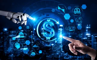Human and robot fingers point at a computer-generated dollar sign